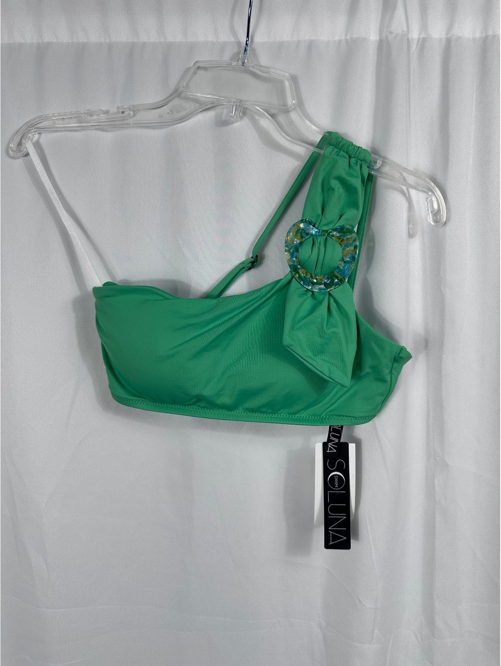 Soluna Swim Green One-Shoulder Bikini Top with Decorative Ring, Size Medium